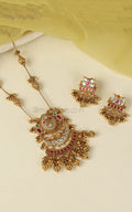 Beautiffly Designed Ruby Green Gold Look Pendant With Bird Earrings