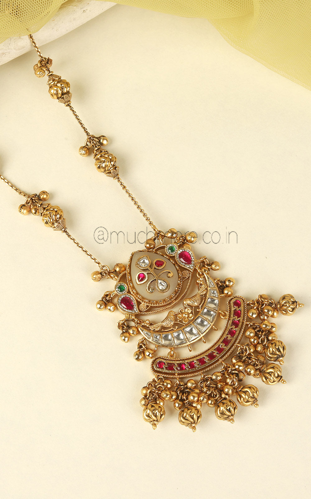 Beautiffly Designed Ruby Green Gold Look Pendant With Bird Earrings