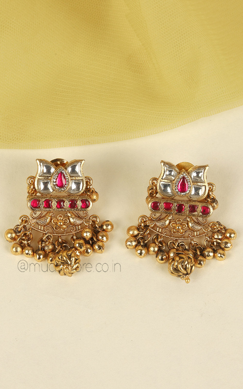 Beautiffly Designed Ruby Green Gold Look Pendant With Bird Earrings