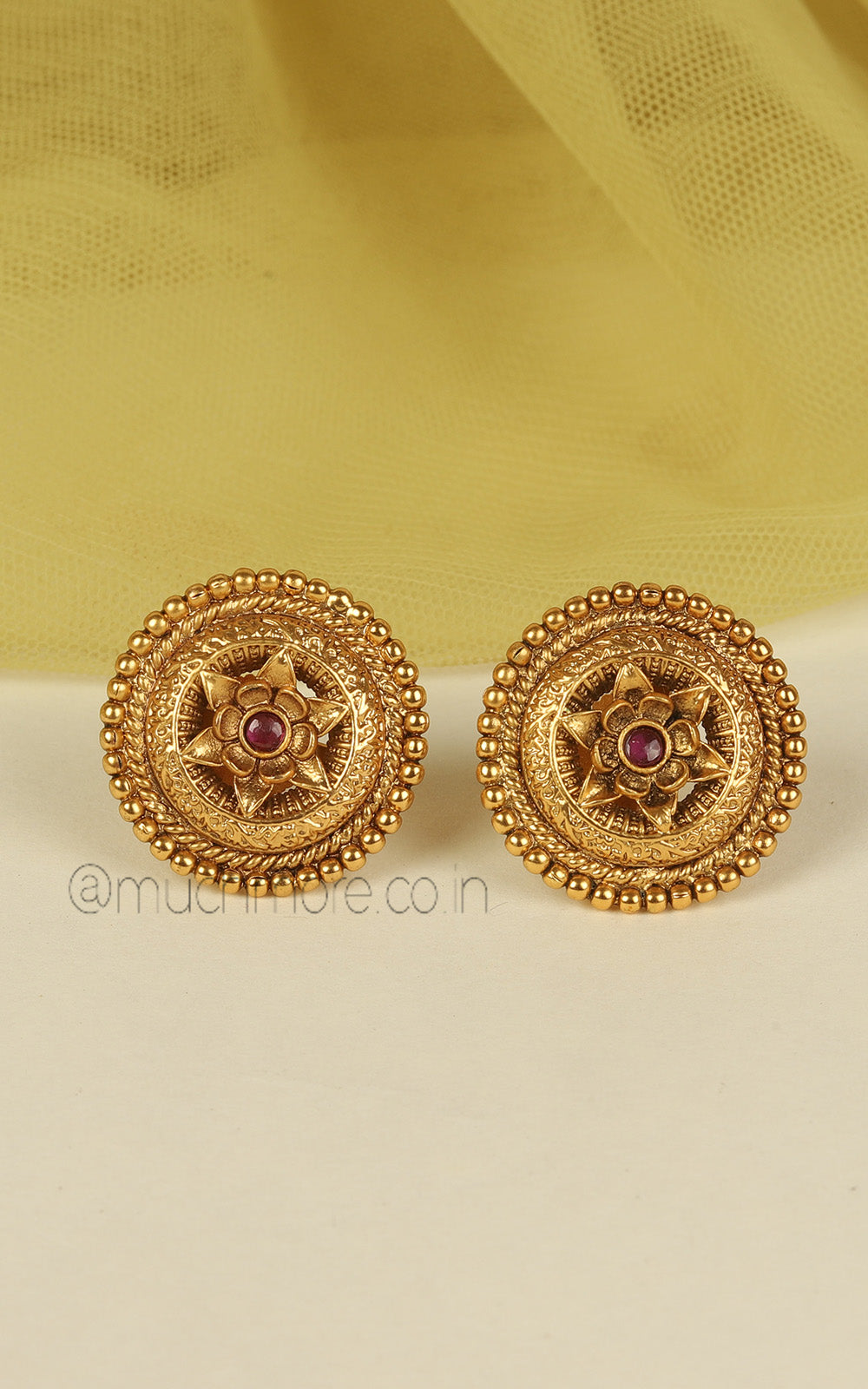 Light And Cute Round Shaped Gold Look Ruby Pendant With Studs
