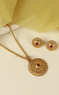 Gold Look Simple And Light Round Shaped Ruby Pendant With Studs