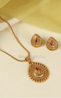 Drop Shaped Ruby Color Gold Look Pendant With Earrings