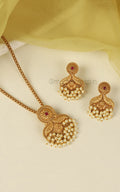 Ruby Color Gold Look Pendant With Pearl Work For Women