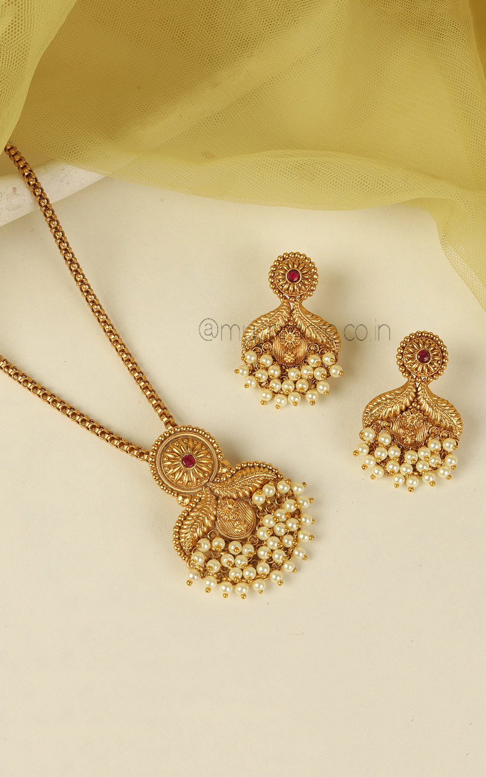 Ruby Color Gold Look Pendant With Pearl Work For Women