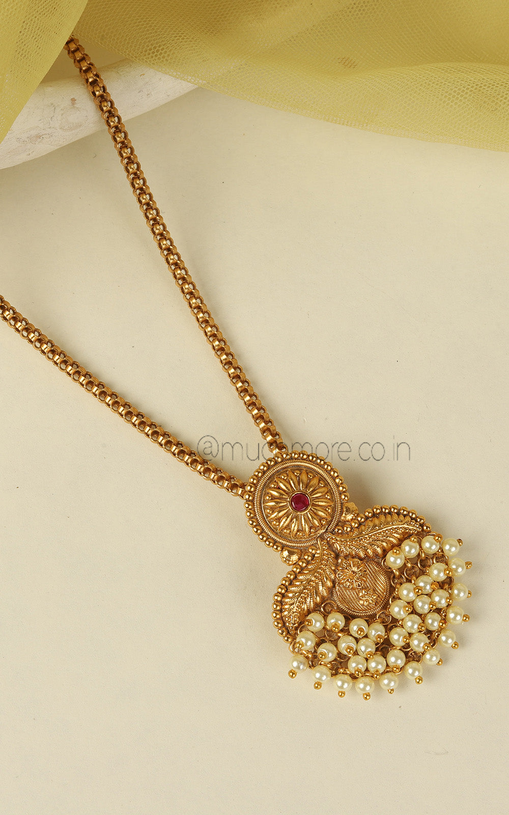 Ruby Color Gold Look Pendant With Pearl Work For Women