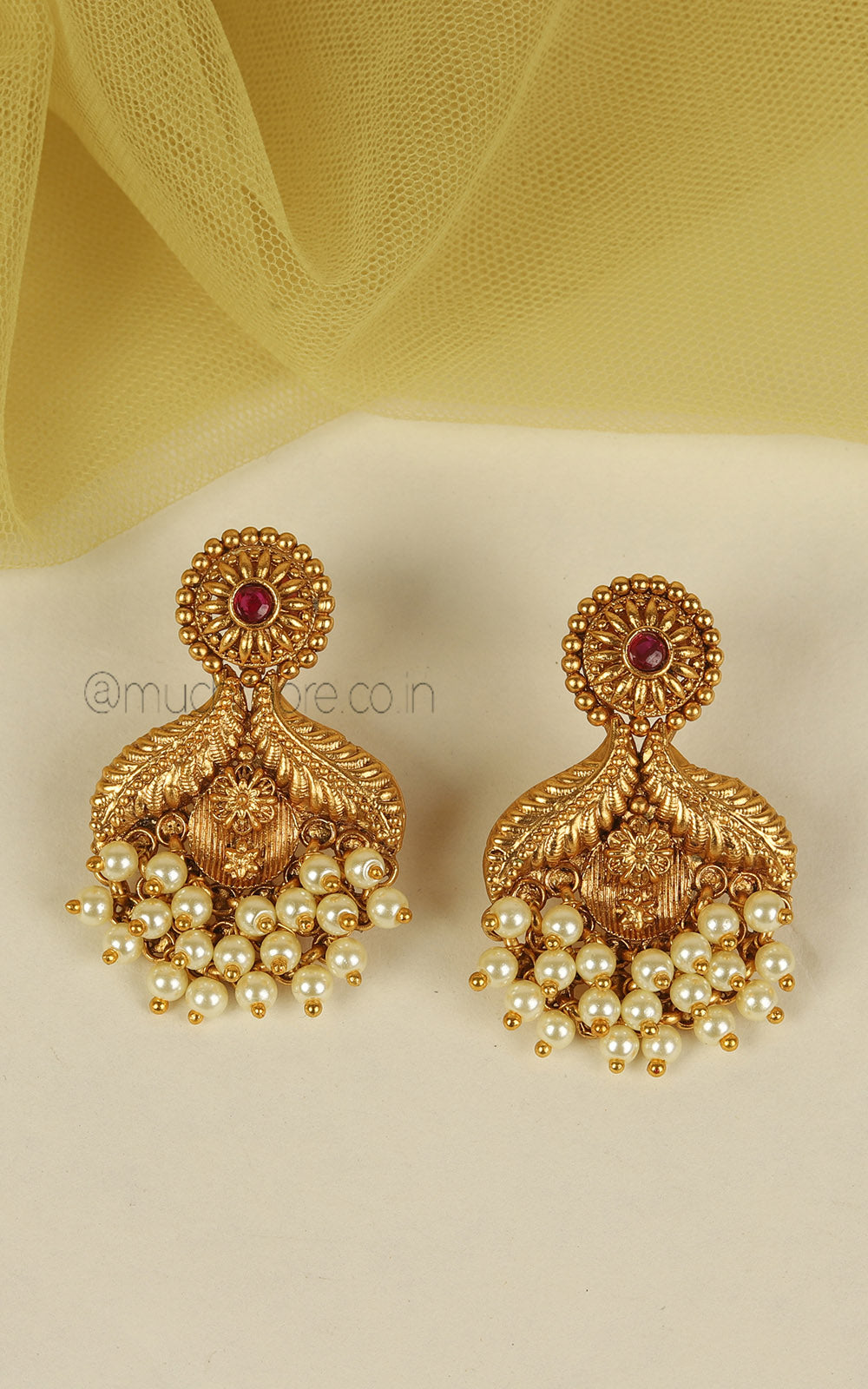 Ruby Color Gold Look Pendant With Pearl Work For Women