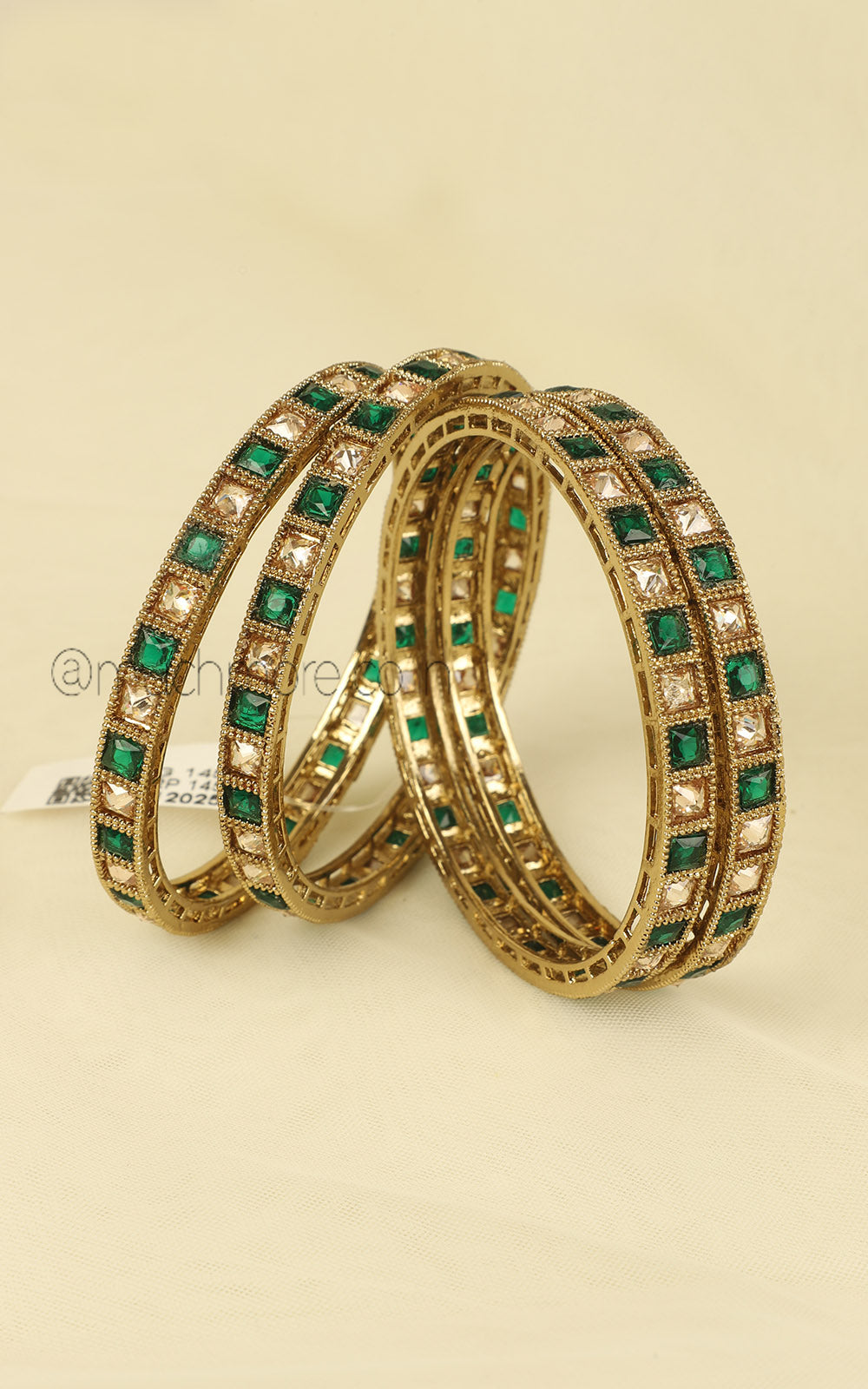 Antique Gold Polish Emerald Green Set Of 4 Bangles