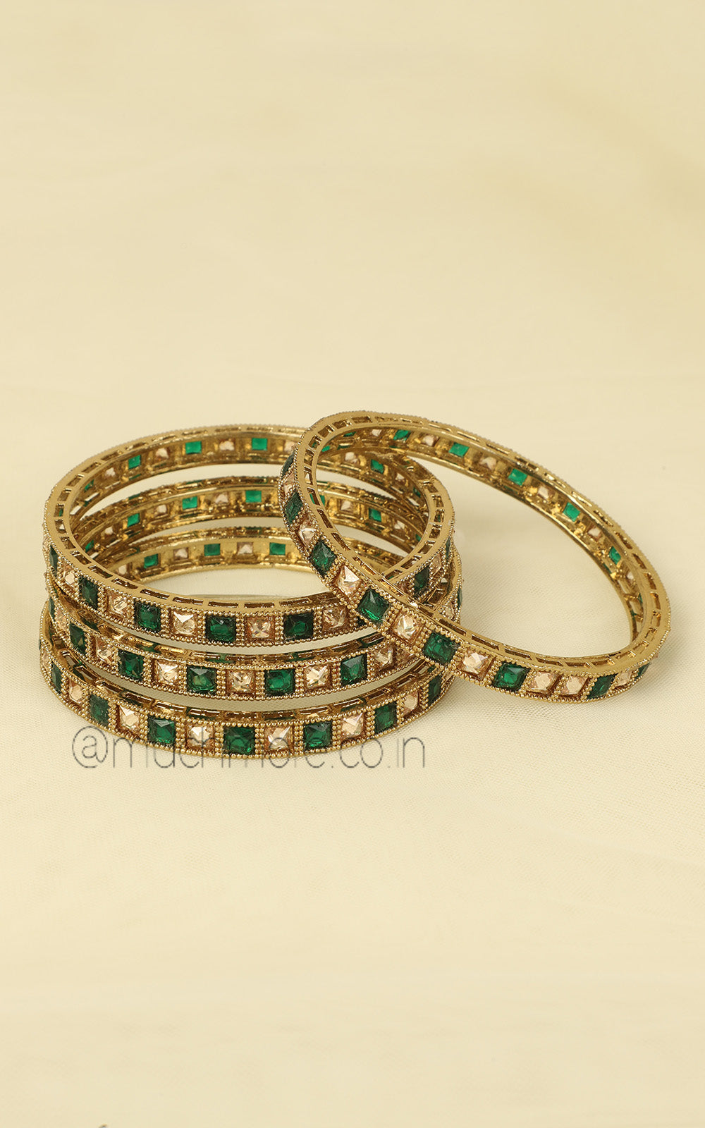 Antique Gold Polish Emerald Green Set Of 4 Bangles