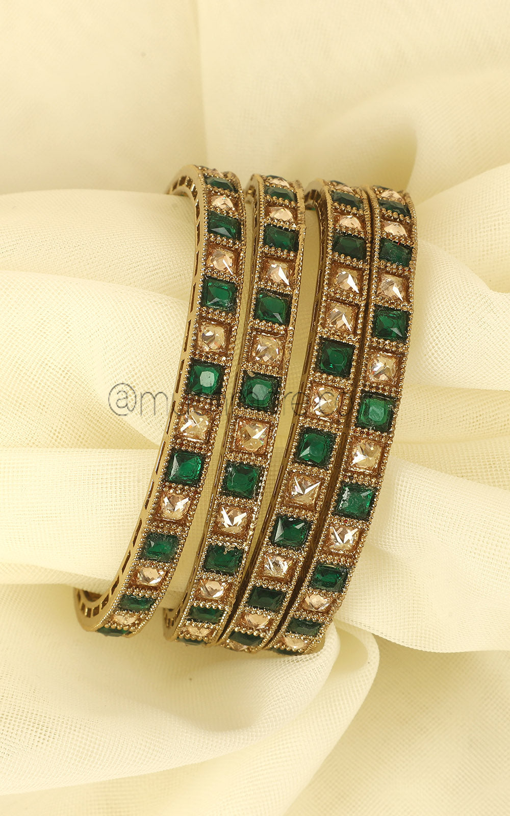 Antique Gold Polish Emerald Green Set Of 4 Bangles