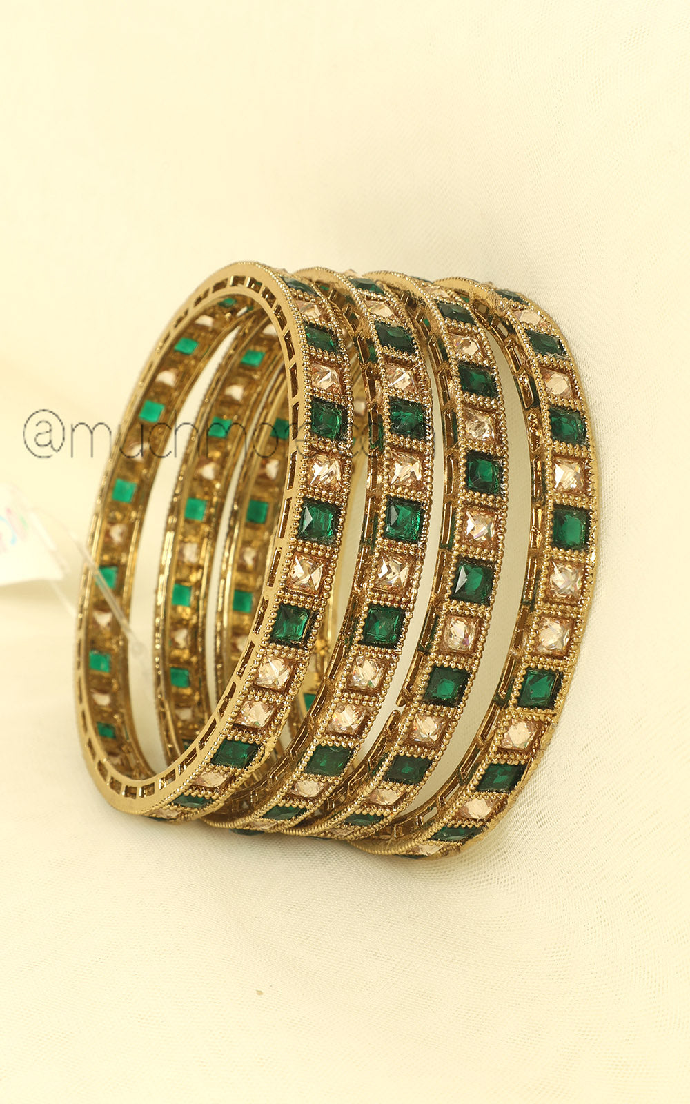 Antique Gold Polish Emerald Green Set Of 4 Bangles