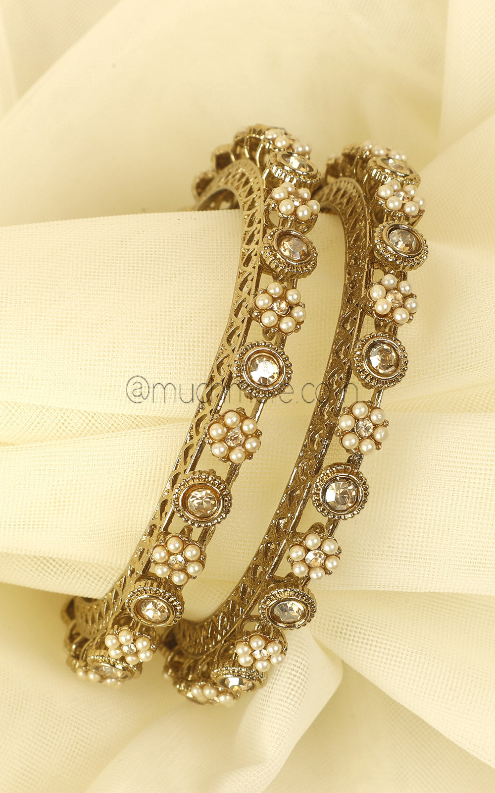 Pacheli Bangles In Antique Gold Polish With Pearl Work