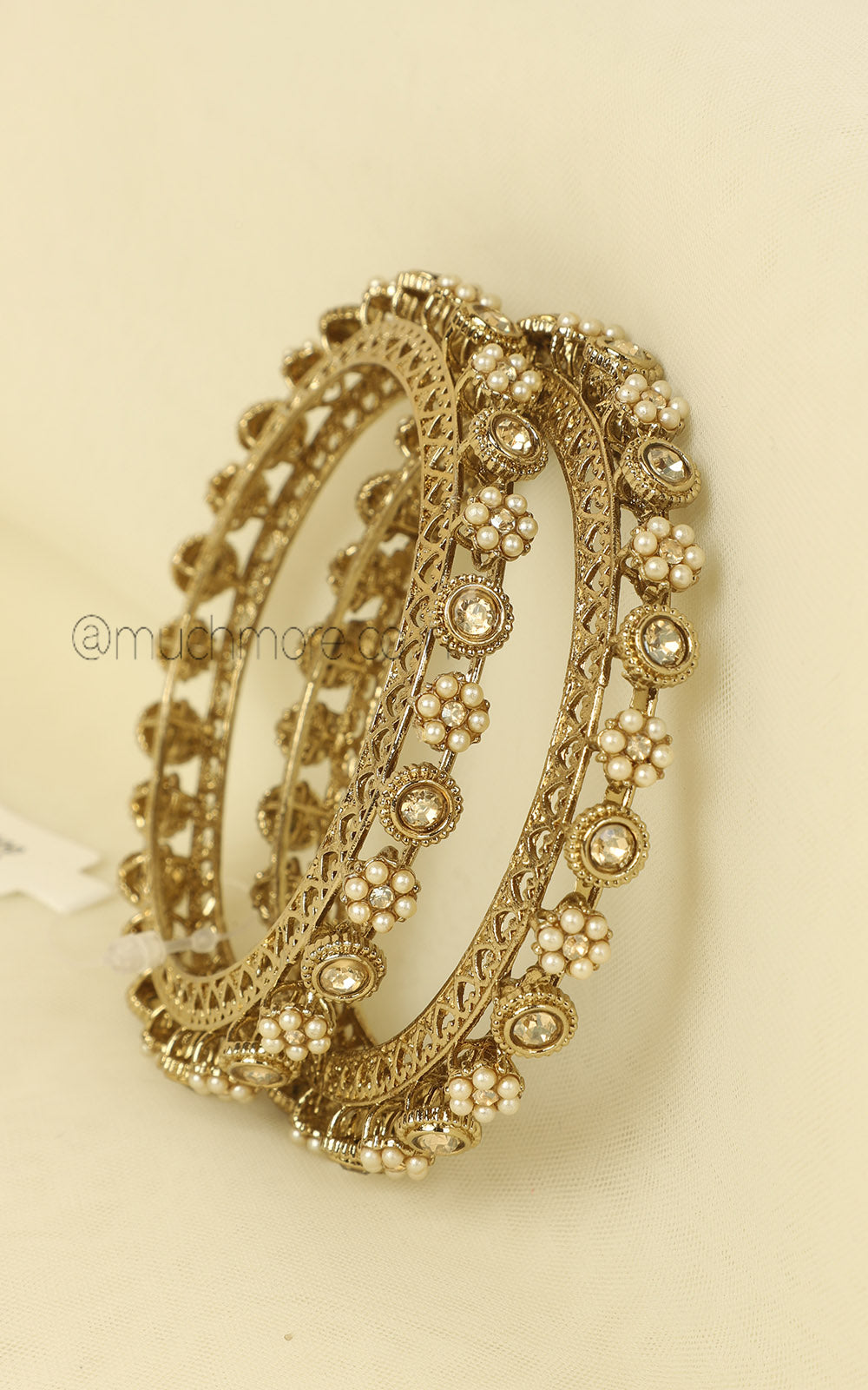 Pacheli Bangles In Antique Gold Polish With Pearl Work