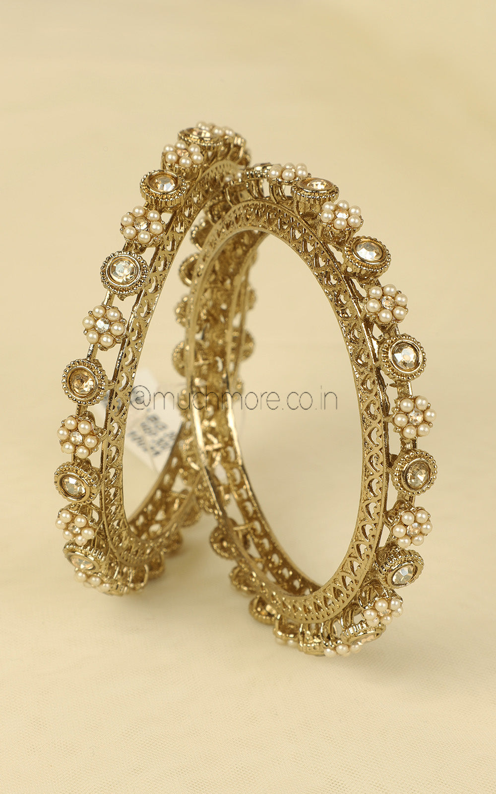 Pacheli Bangles In Antique Gold Polish With Pearl Work