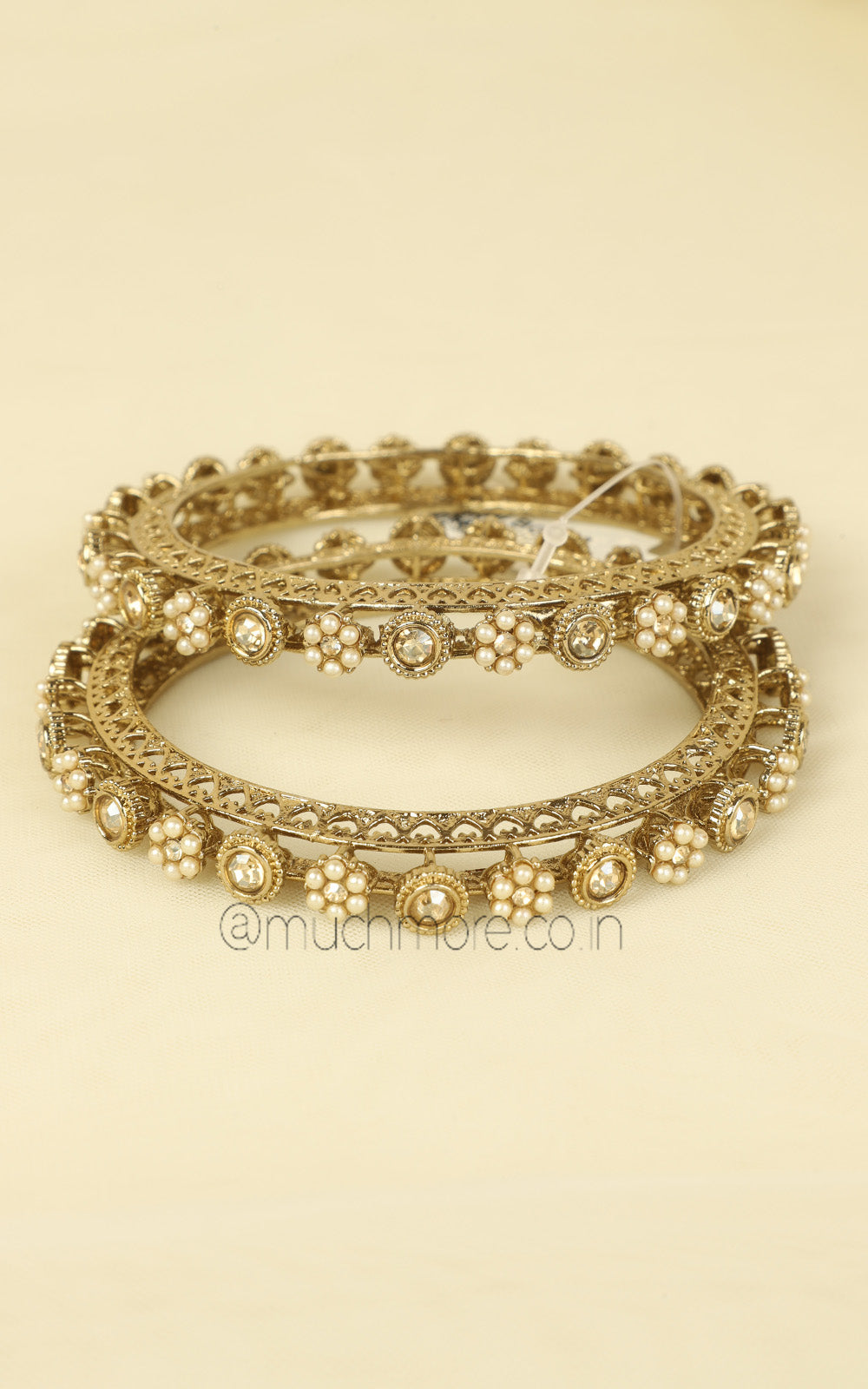 Pacheli Bangles In Antique Gold Polish With Pearl Work