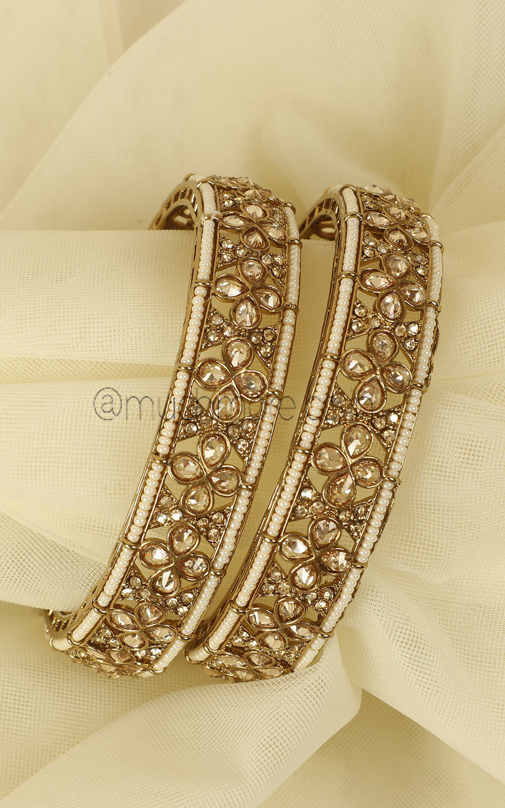 Designer Antique Bangles With Pearl In Champagne Color