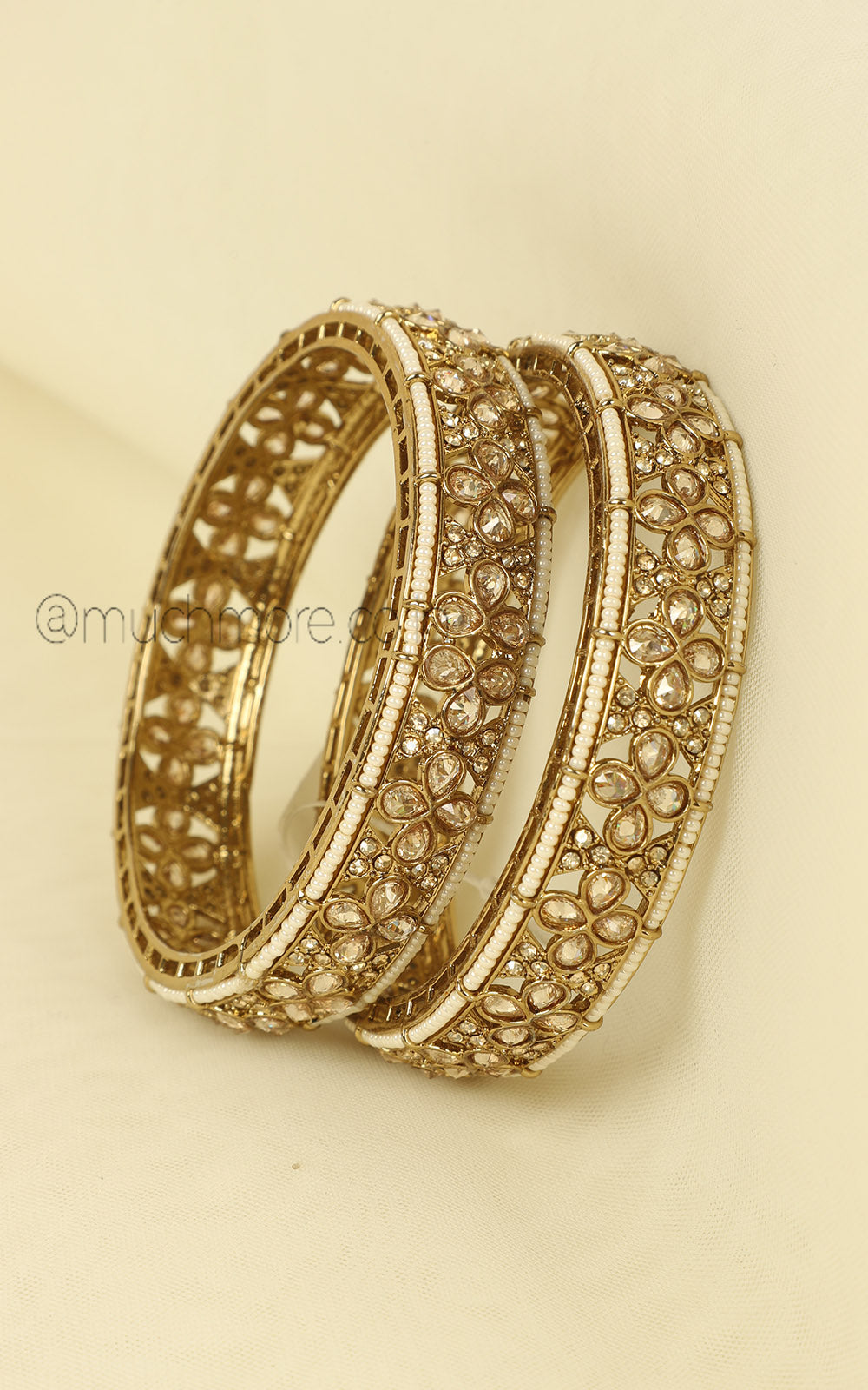 Designer Antique Bangles With Pearl In Champagne Color