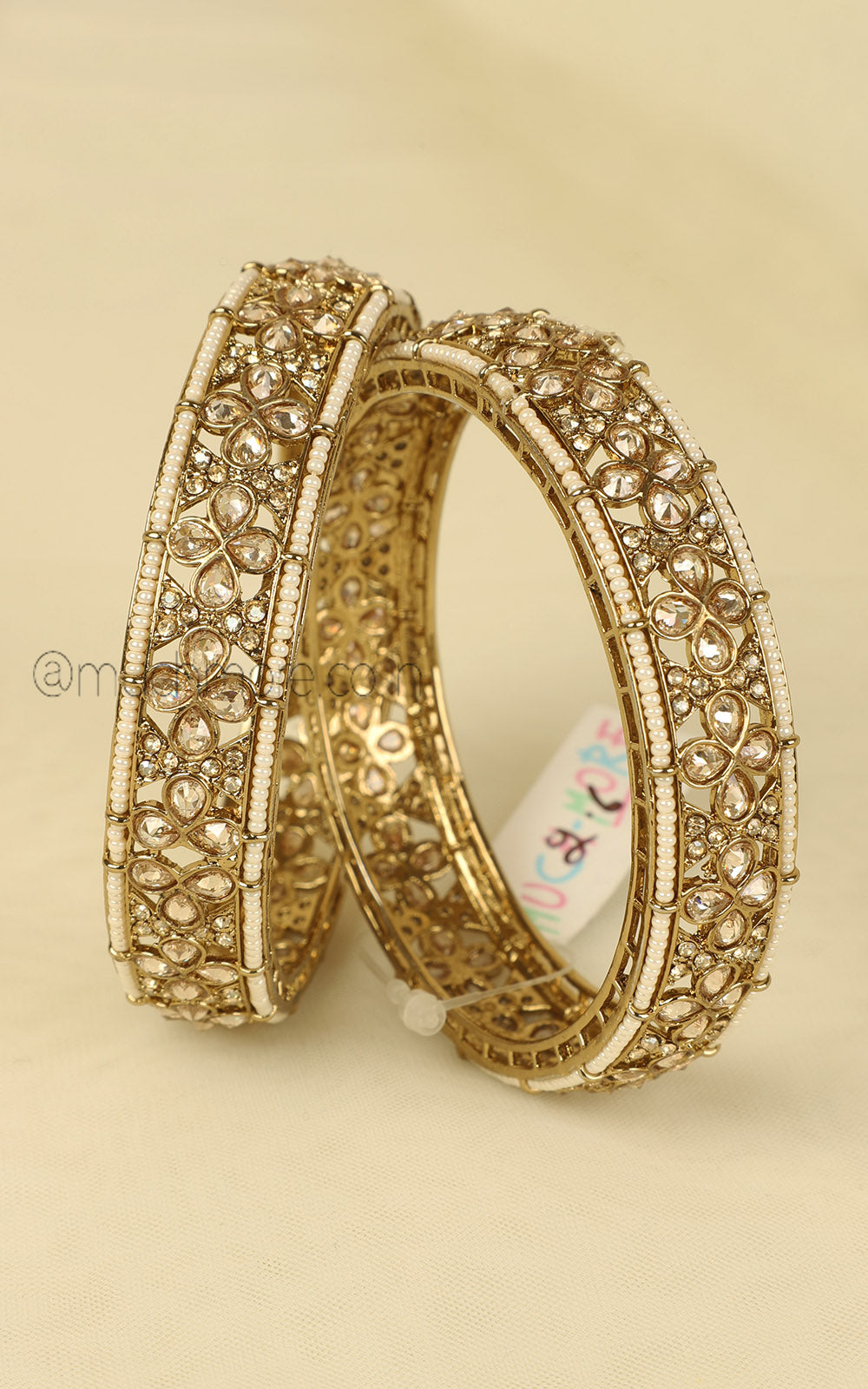 Designer Antique Bangles With Pearl In Champagne Color