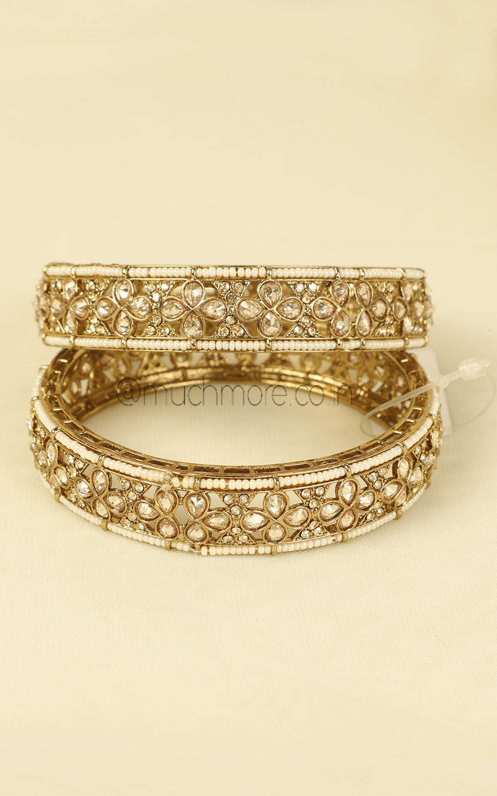 Designer Antique Bangles With Pearl In Champagne Color