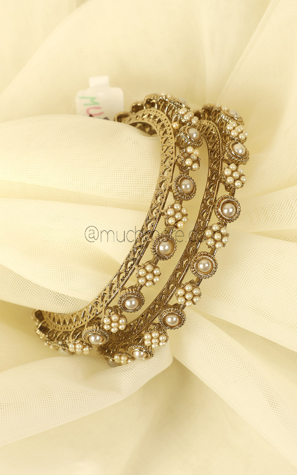 Antique Gold Polish Pacheli Style Bangles With Pearls