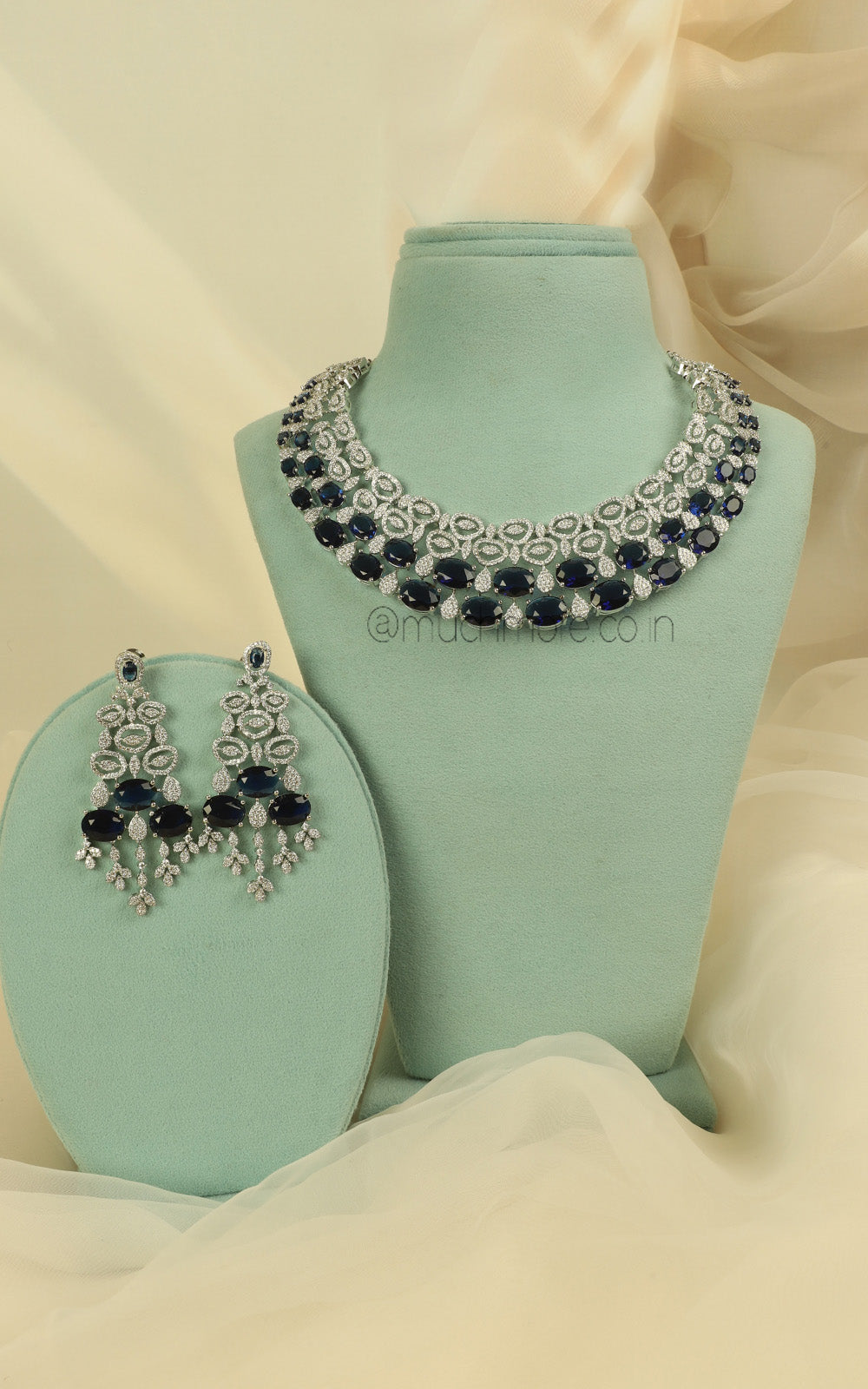 Much-More Sapphire Blue Silver Zircon Choker Necklace Set