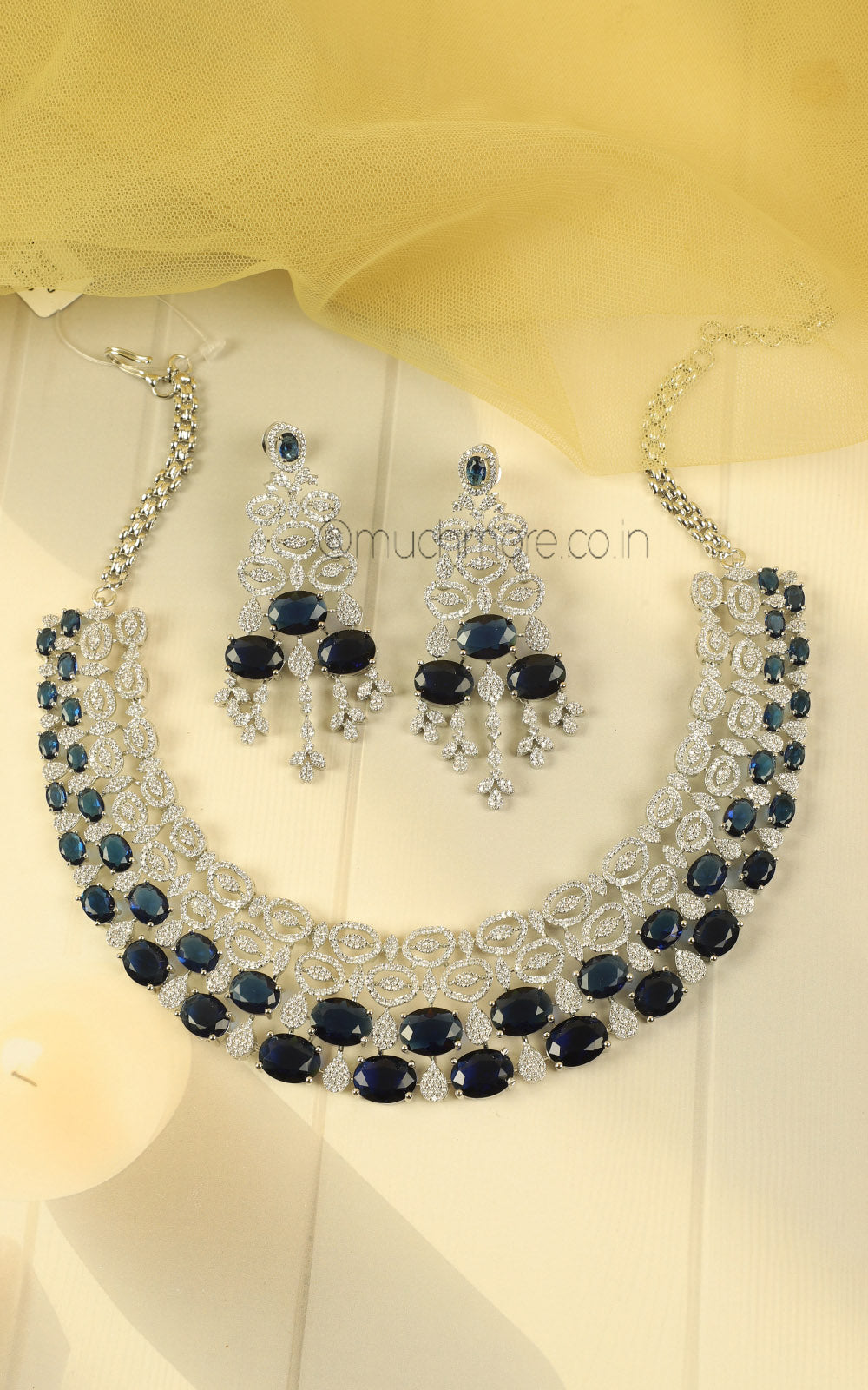 Much-More Sapphire Blue Silver Zircon Choker Necklace Set