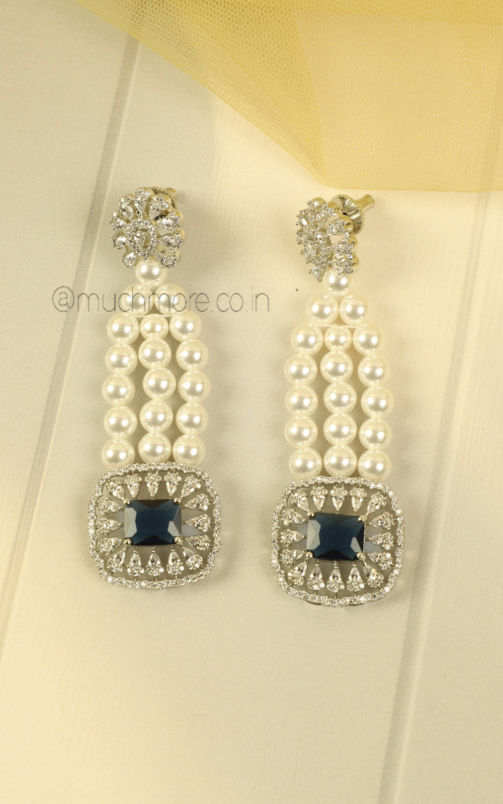 Silver Zircon Sapphire Blue With Pearl Necklace Earrings