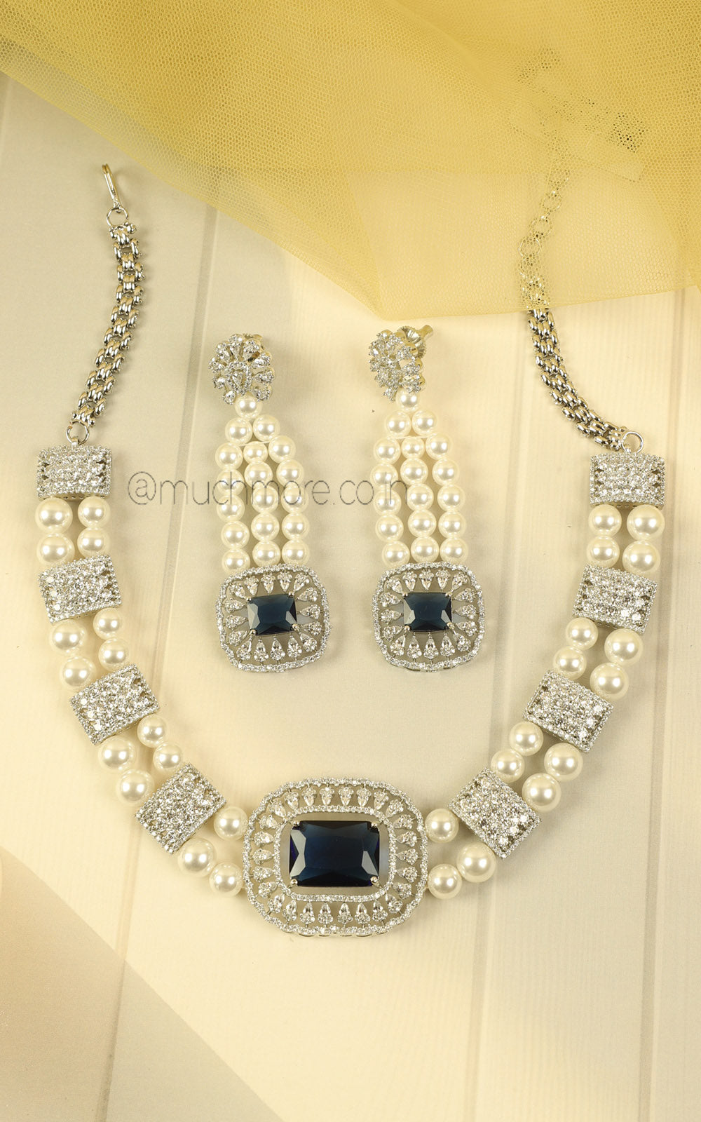 Silver Zircon Sapphire Blue With Pearl Necklace Earrings