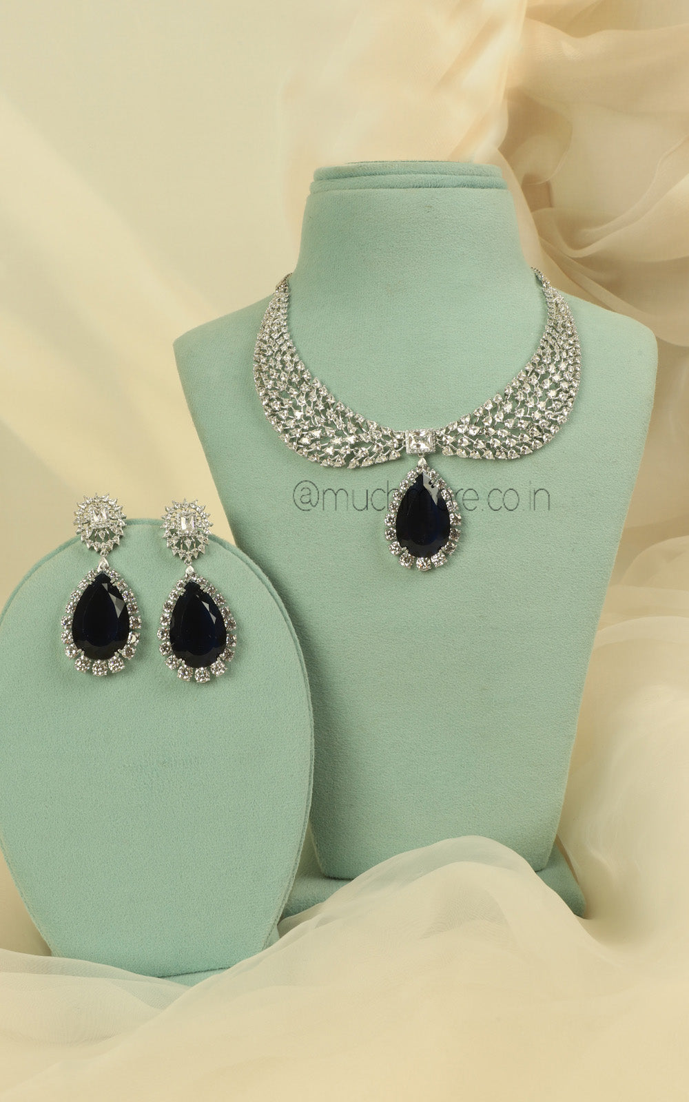 Luxury Wedding Zircon Necklace Set Sapphire Blue Finish Jewellery