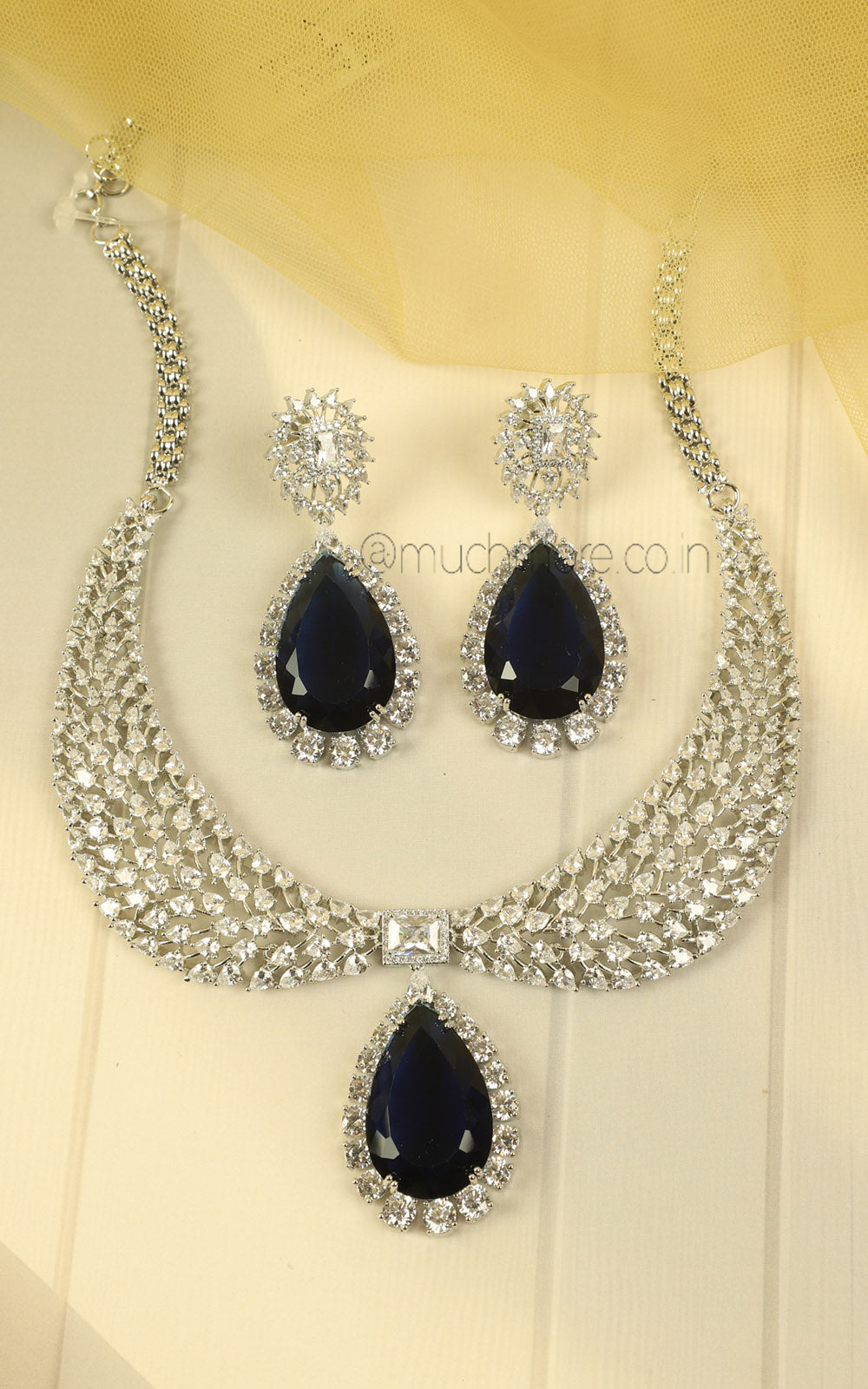 Luxury Wedding Zircon Necklace Set Sapphire Blue Finish Jewellery