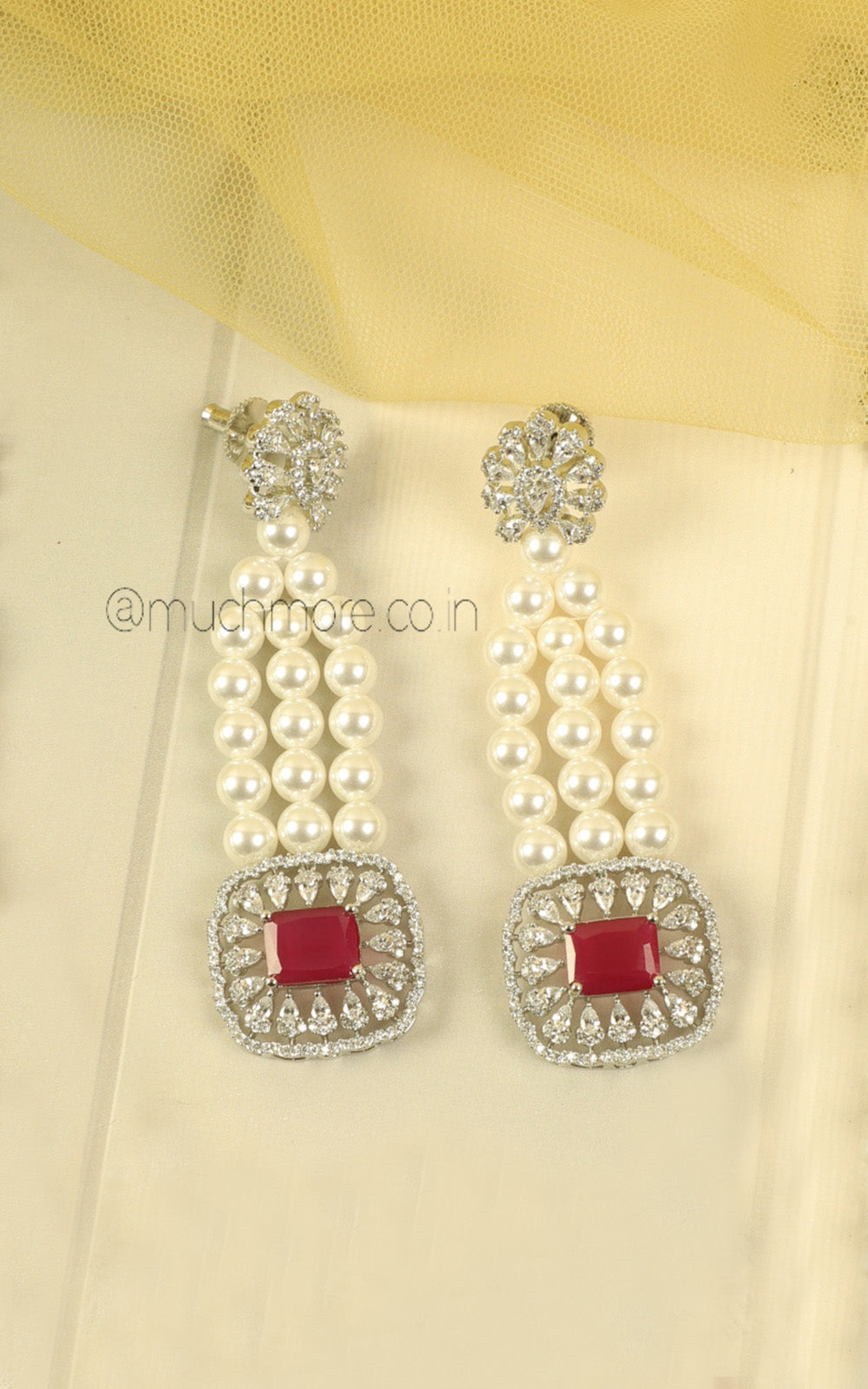 Silver Zircon Ruby Diamond With Pearl Necklace Earrings