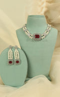 Silver Zircon Ruby Diamond With Pearl Necklace Earrings