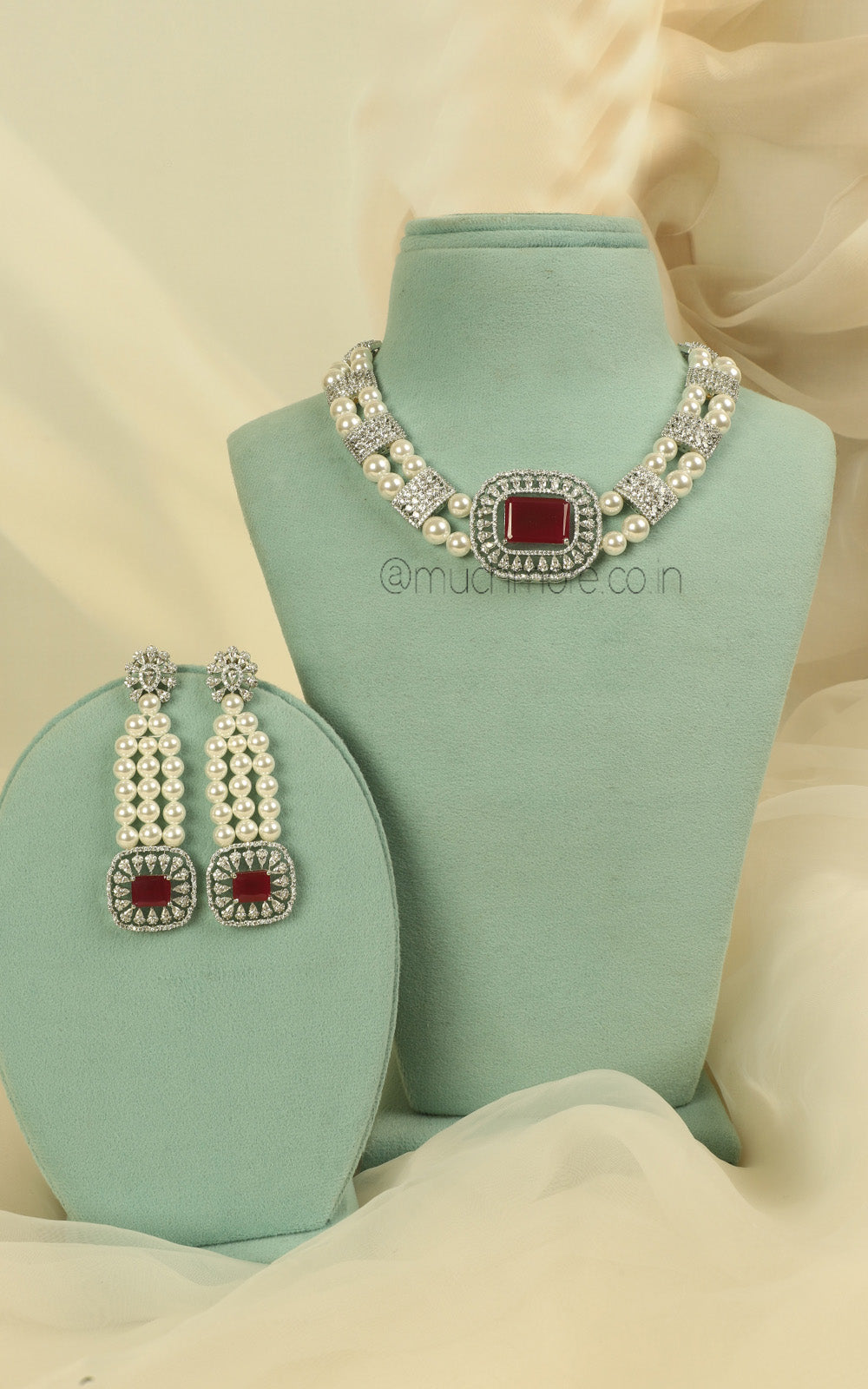 Silver Zircon Ruby Diamond With Pearl Necklace Earrings