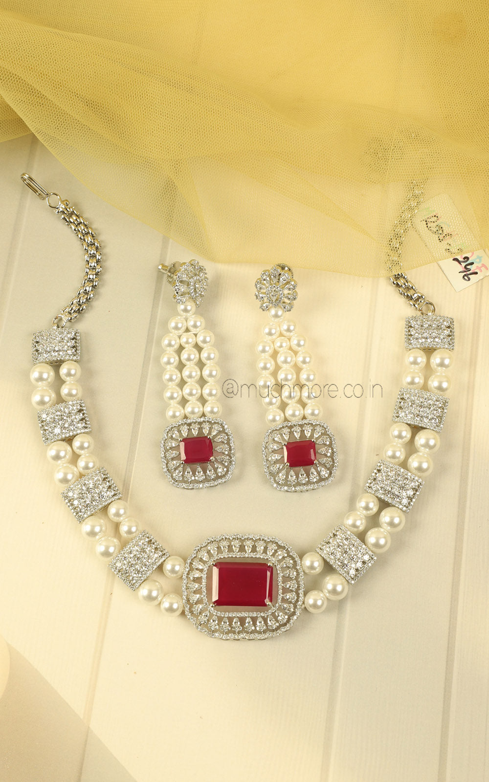 Silver Zircon Ruby Diamond With Pearl Necklace Earrings