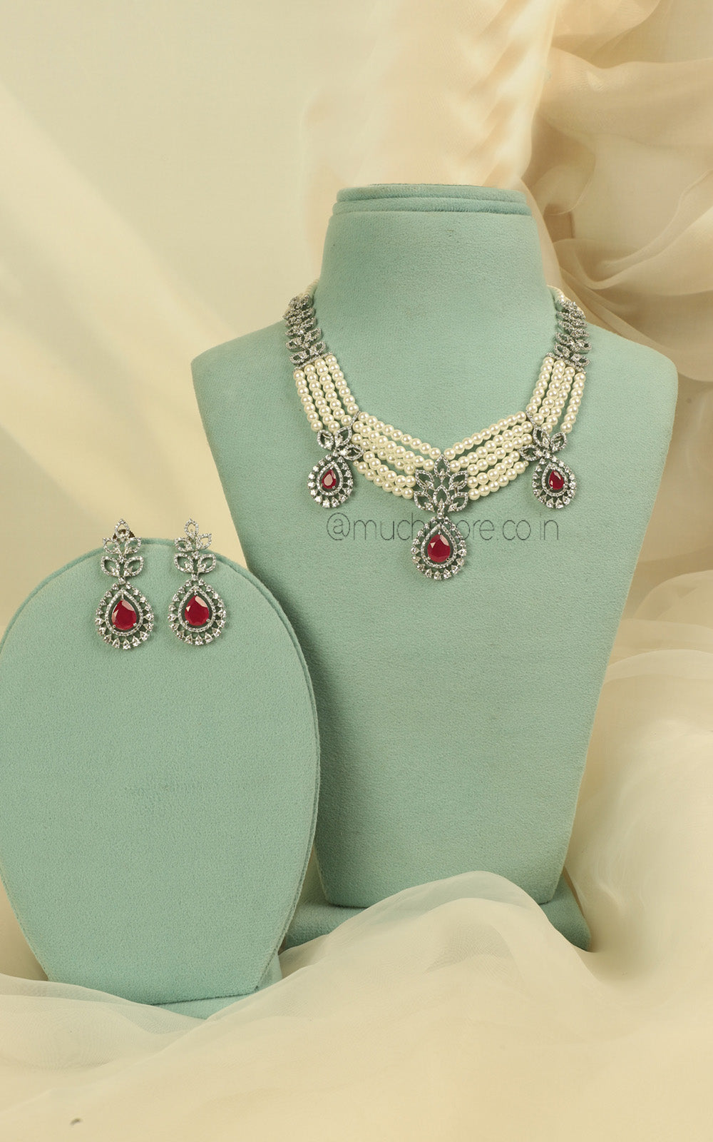 Royal Ruby Diamond Zircon Necklace Set For Modern Bride
