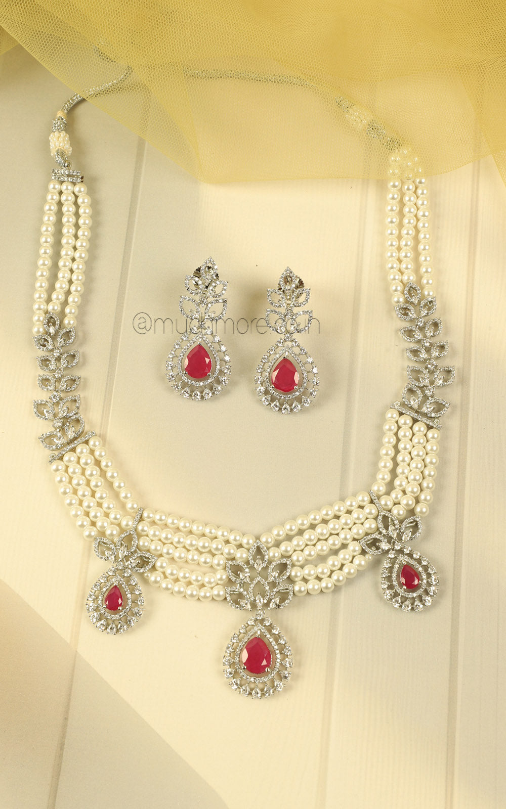 Royal Ruby Diamond Zircon Necklace Set For Modern Bride