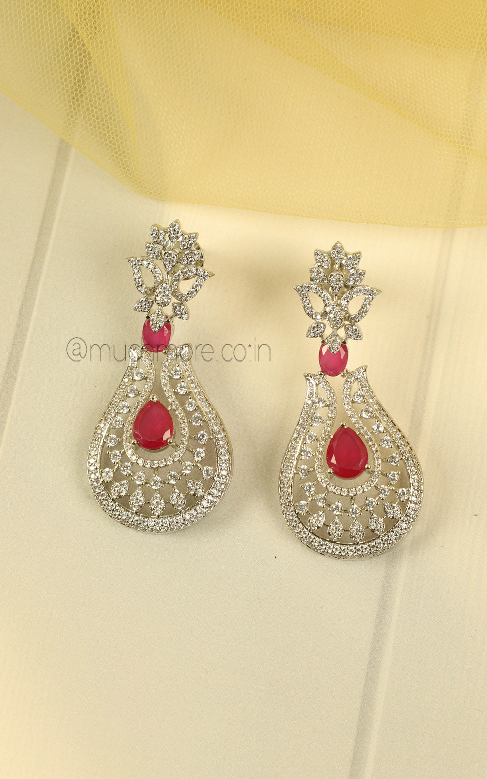 Elegant American Diamond Ruby Necklace Set In Silver Polish