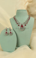 Elegant American Diamond Ruby Necklace Set In Silver Polish