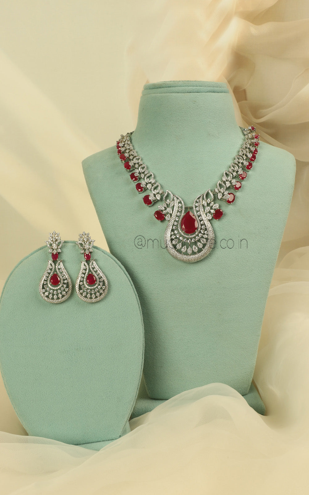 Elegant American Diamond Ruby Necklace Set In Silver Polish