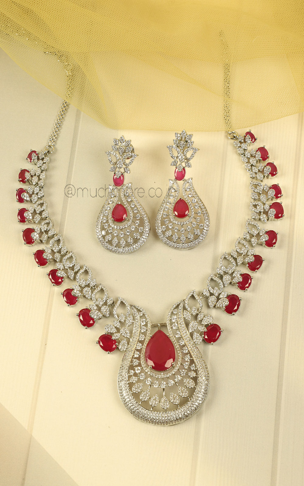 Elegant American Diamond Ruby Necklace Set In Silver Polish