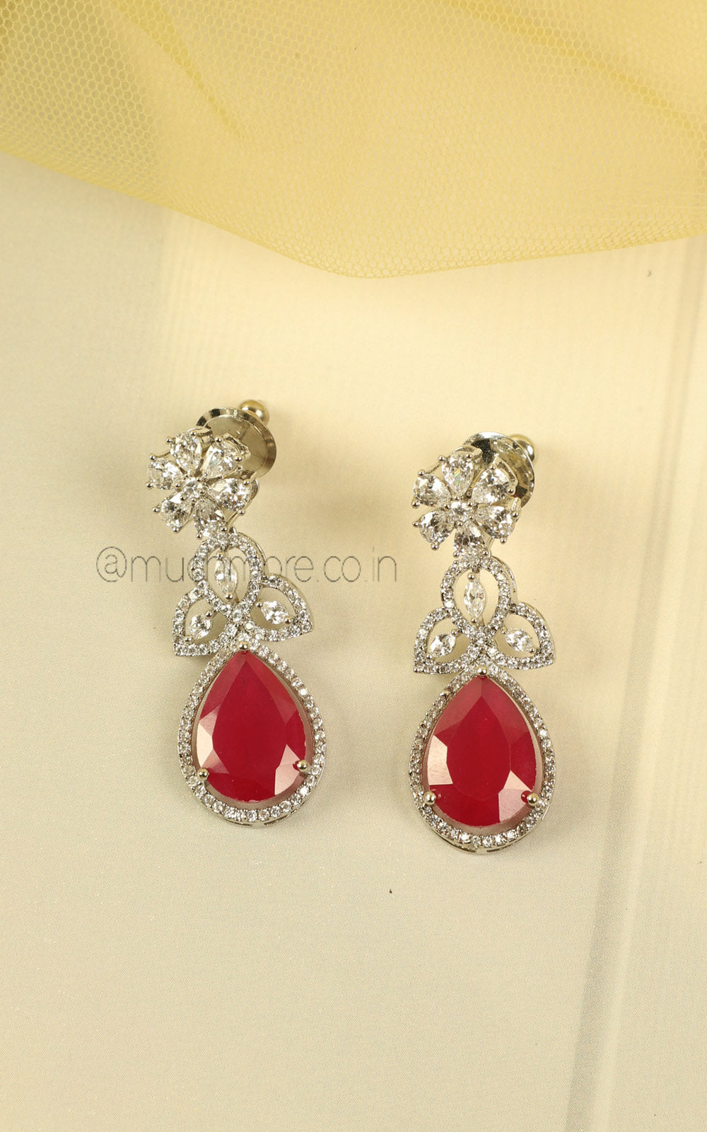 Silver Polish Ruby Diamond Pendant Style Necklace With Earrings