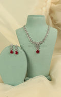 Silver Polish Ruby Diamond Pendant Style Necklace With Earrings