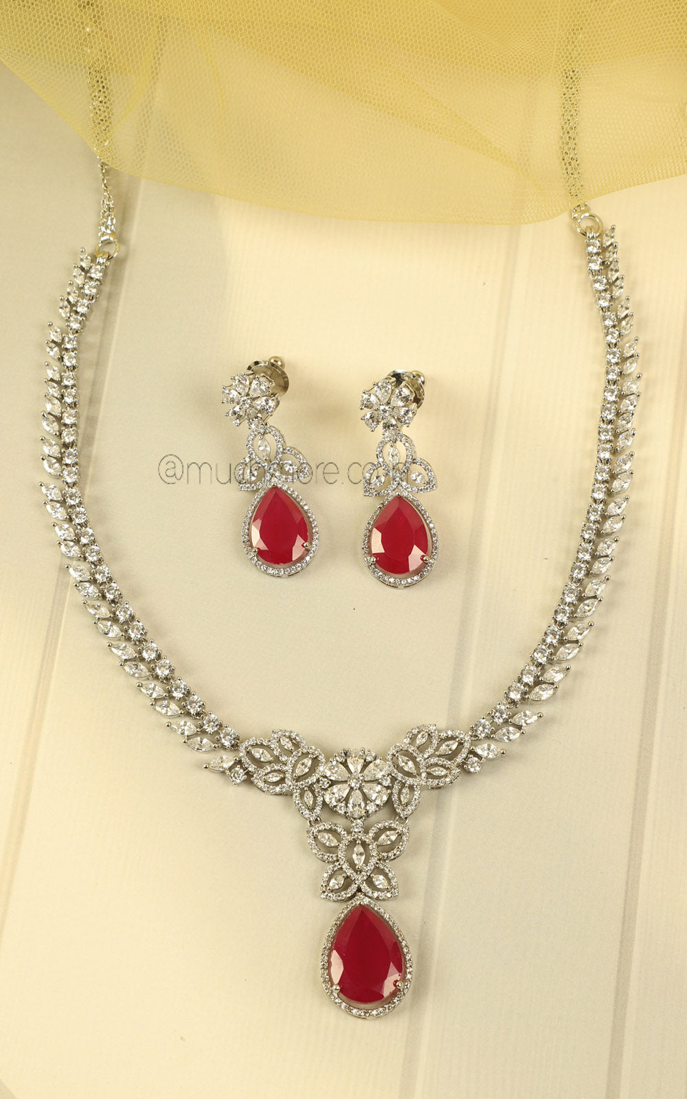 Silver Polish Ruby Diamond Pendant Style Necklace With Earrings