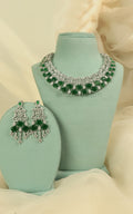 Silver Zircon Choker Necklace Set In Emerald Green Color