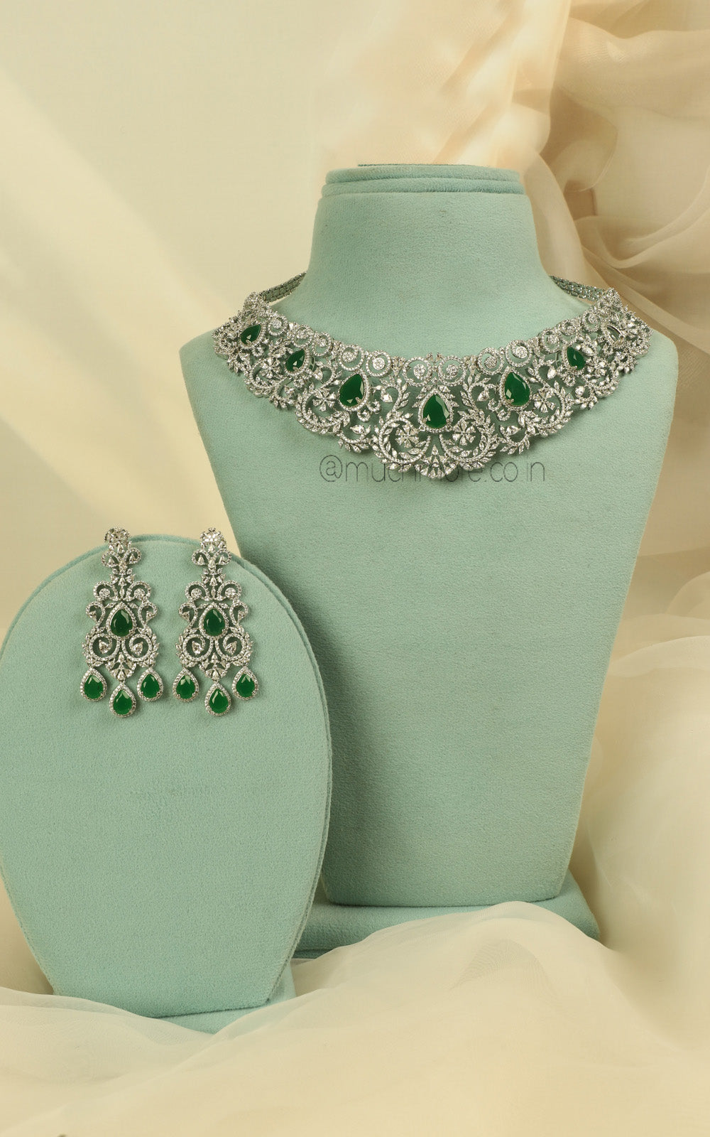 Bridal Emerald Green Silver Diamond Zircon Choker Necklace Set
