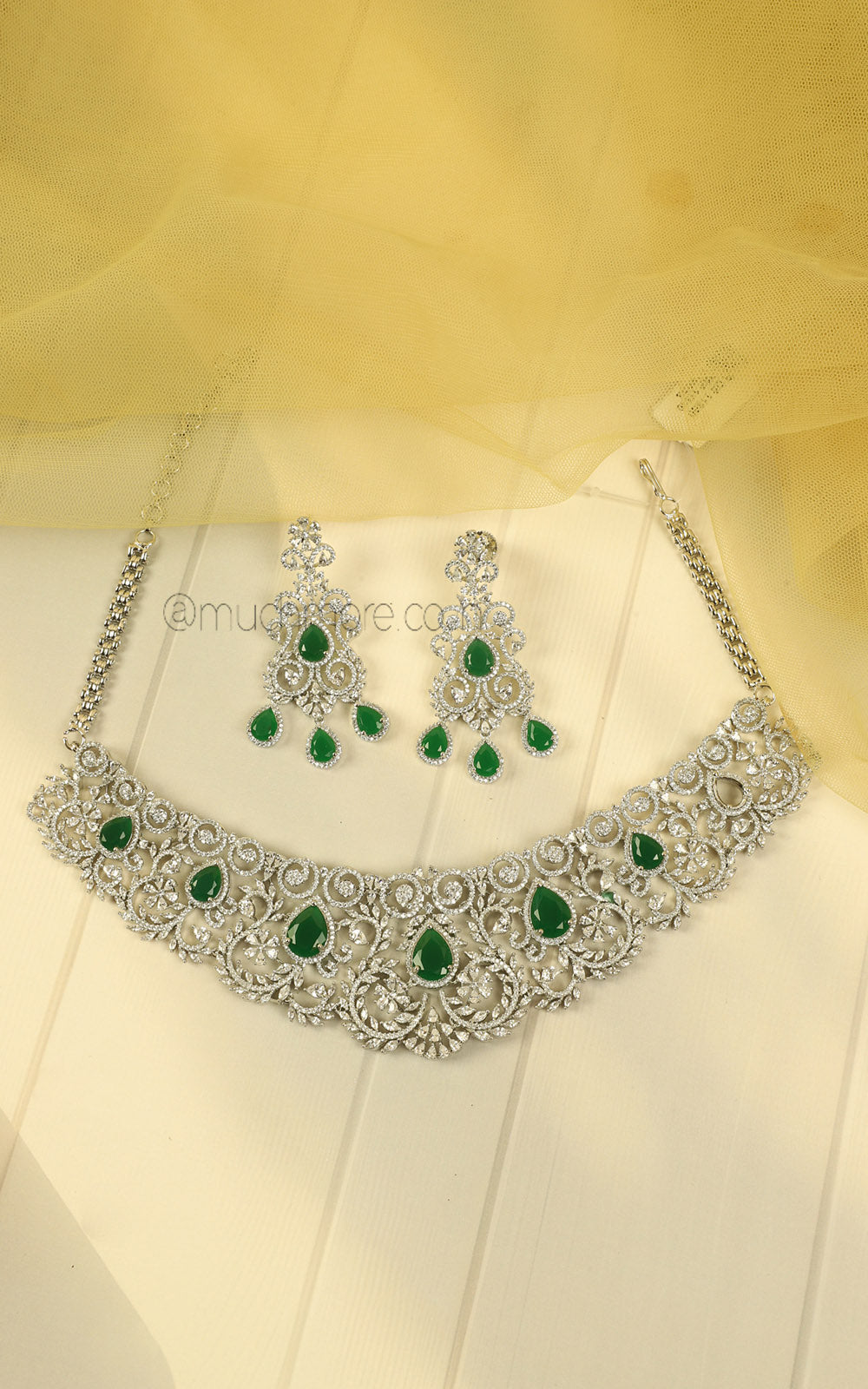 Bridal Emerald Green Silver Diamond Zircon Choker Necklace Set