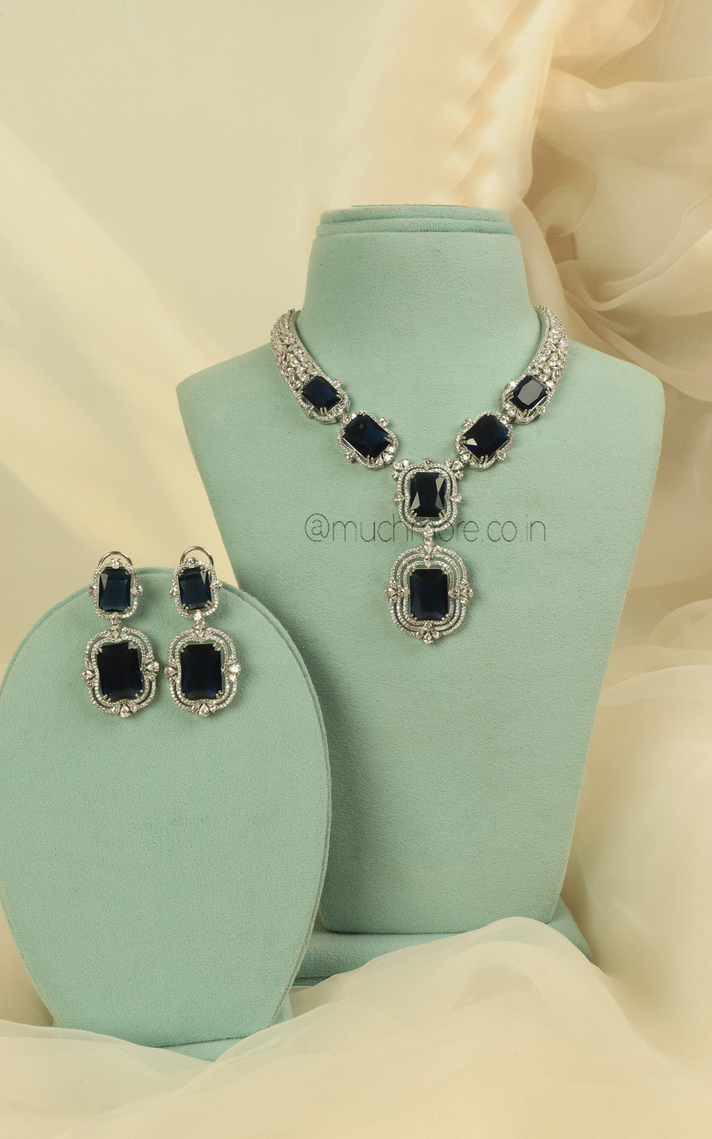 Sapphire Blue Wedding Zircon Grand Necklace Earrings Set