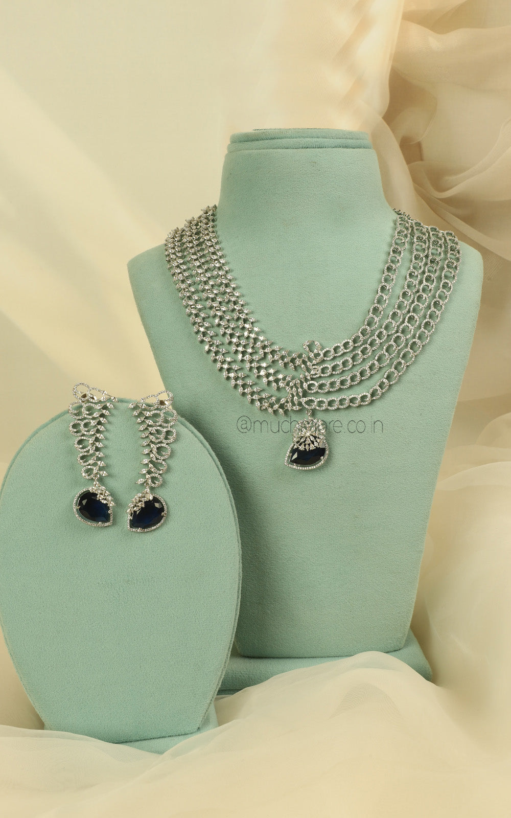 Bridal Statement Sapphire Blue Diamond Zircon Necklace Set Online