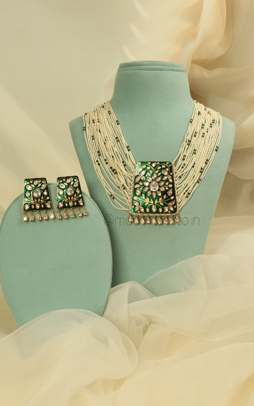 Emerald Green Meenakari Kundan Pearl Bridal Necklace Set