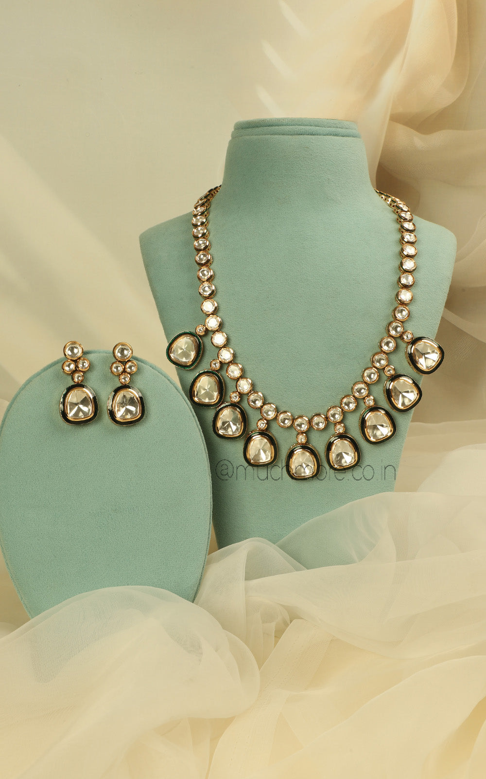 Emerald Green Polki Hanging Semi Long Necklace Earrings