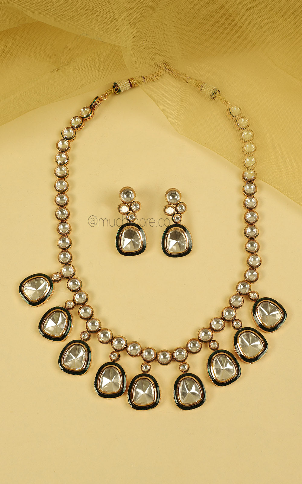 Emerald Green Polki Hanging Semi Long Necklace Earrings
